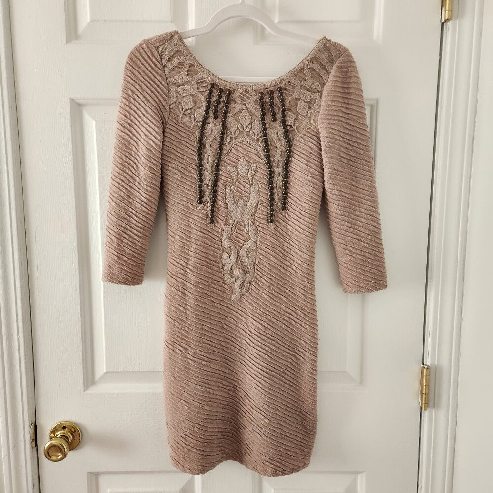 Free People Brown Soft Textured Beaded Cocktail 3/4 Sleeve Mini Dress - Size XS